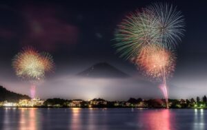 富士山・河口湖山開きまつり花火大会、富士を背に2千発が咲く！