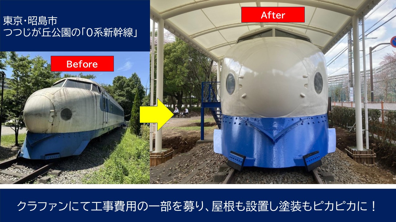 昭島市、つつじが丘公園の「0系新幹線」がピカピカに！屋根も設置